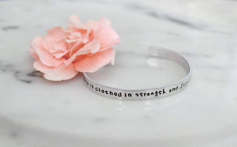 She is Clothed in Strength and Dignity Handmade Bracelet Proverbs 31 Woman Birthday, Christmas Gift for Her Available in Gold, Silver image 1