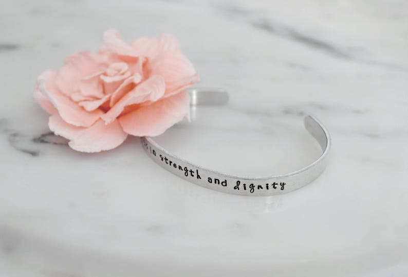 She is Clothed in Strength and Dignity Handmade Bracelet Proverbs 31 Woman Birthday, Christmas Gift for Her Available in Gold, Silver image 3