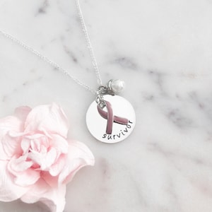 Breast Cancer Survivor Necklace with Pink Ribbon and Pearl Charms Personalized, Custom, Gift for Her image 2