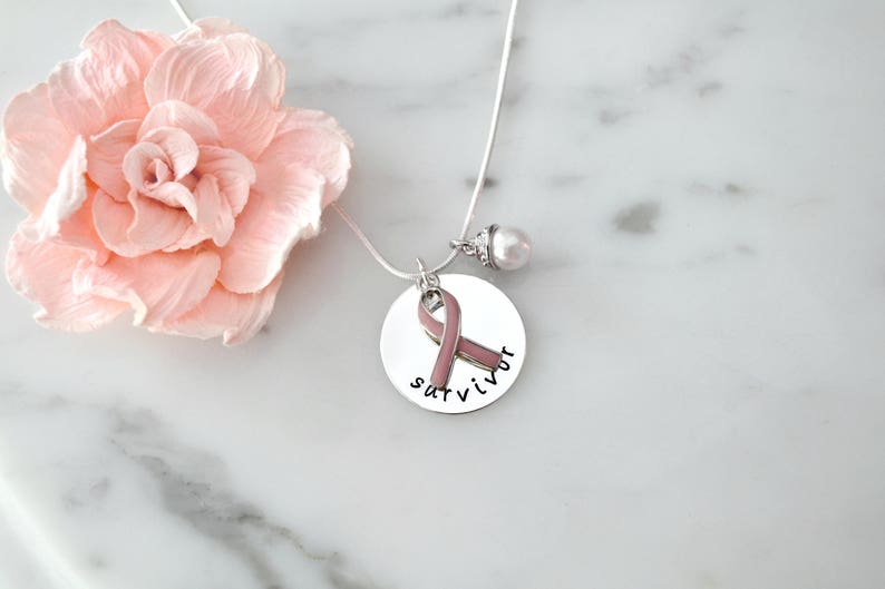 Breast Cancer Survivor Necklace with Pink Ribbon and Pearl Charms Personalized, Custom, Gift for Her image 1