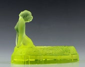 Glamorous Bohemian Art Deco Nude Decor Vaseline Glass Jewelry Box Bowl H.Hoffmann