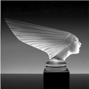 Art Deco Frosted Glass Sculpture &#39; Spirit Of The Wind &#39; Hood Ornament Art Glass Crystal Figurine 1930&#39; H.Hoffmann &#39;Victoire&#39; Black Pedestal