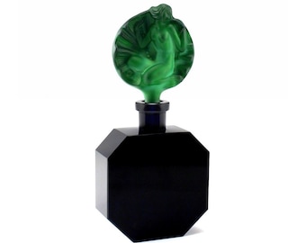 Art Deco Perfume Bottle: Black Glass with Malachite Stopper, H. Hoffmann, 1930s