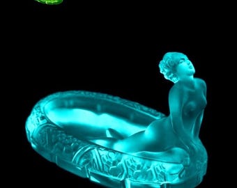 Art Deco Blue Vaseline Uranium Glass Bowl 1930s H. Hoffmann