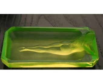 Art Deco Vaseline Uranium Glass Bowl Lady Jewelry Box 1930' H.Hoffmann/ gift for him, personalized gifts, gift for her