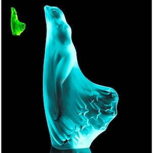 Art Deco Aquamarine Cyan Vaseline Uranium Glass &#39; Lady in the stars &#39; 1930&#39; H.Hoffmann Collectible Glass Statue