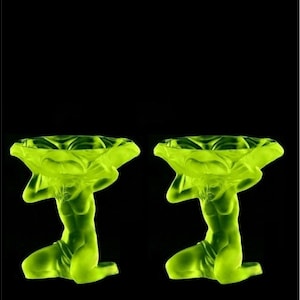 Art Deco Uranium Glass Bowls: H. Hoffmann Bohemian Vaseline Glass, 1930s