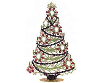 May include: A decorative tabletop Christmas tree ornament crafted from green metal wire, adorned with numerous sparkling red, pink, and clear faceted crystals. The tree features a swirling dark purple beaded garland and a gold-toned circular base.
