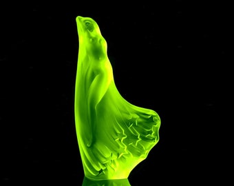 Art Deco Bohemian Vaseline Glass Figurine &#39; Girl in the stars &#39; Collectible Glass 1930&#39;s H.Hoffmann