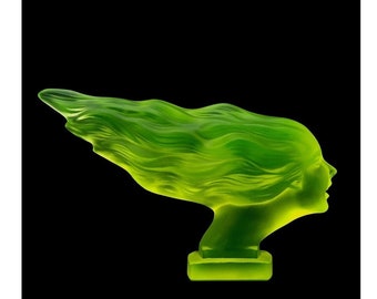 Art Deco 1930&#39; Bohemian Car Mascot Sculpture &#39; Speed Girl &#39; H.Hoffmann Collectible Glass • Uranium Glass Figurine