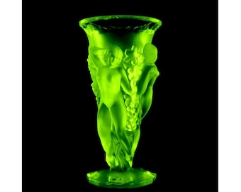 Art Deco Uranium Glass Vase: H. Hoffmann, Glowing Vaseline Glass