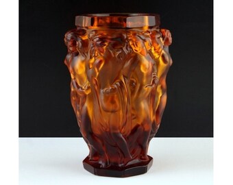 Atemberaubende Art Deco Damen Satin Bernsteinglas Vase 1930 'H. Hoffmann • Sammler Glas Vase • Sammler Glas