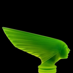 Art Deco Uranium Glass Figurine 1930' H. Hoffmann 'Victoire' Hood Ornament Sculpture