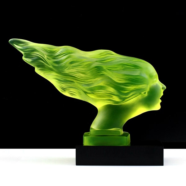 Art Deco 1930' Art Deco Vaseline Uranium Glass Car Mascot ' Speed Girl ' Figurine Large Sculpture H.Hoffmann