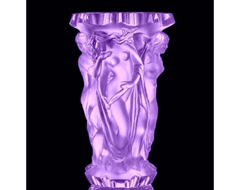May include: A translucent purple glass vase featuring a relief sculpture of three figures standing in a circle. The figures are depicted with flowing drapery and long hair, integrated into the cylindrical body of the vessel with a scalloped rim.