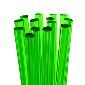May include: A cluster of vibrant green, cylindrical glass rods against a white background. The rods have a slightly irregular, textured top surface. The transparent material allows light to pass through, creating a bright, eye-catching display.