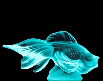 Statuetta in vetro all'uranio "Pesce turchese" di H. Hoffmann, stile Art Déco, anni '30, realizzata con vaselina blu.
