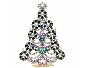 Large Vintage Czech Rhinestone Glass Christmas Tree 7.5'' • Art Deco Collectible Ornament • Holiday Decor