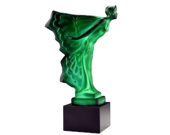Art Deco Flying Lady Car Mascot: Bohemian Malachite Glass Sculpture