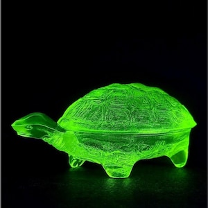 Puede incluir: Una figura de tortuga de vidrio translúcido en color verde neón brillante. La tortuga presenta un caparazón texturizado detallado con un patrón segmentado y una cabeza y patas lisas. El objeto emite una luz vibrante y brillante sobre un fondo negro.