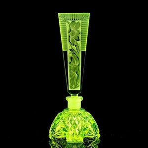 Art Deco 1930&#39; Bohemian Vaseline Uranium Glass • Collectible Perfume Bottle