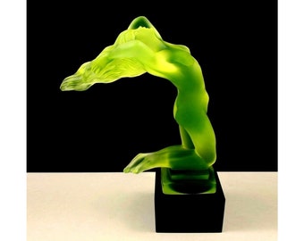 Glamorous Art Deco ' Kneeling Girl ' Bohemian Hood Ornament Collectible Sculpture 1930's H.Hoffmann Vaseline Uranium Glass Figurine