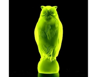 Art Deco Uranium Glass Owl Figurine: H.Hoffmann, 1930s Collectible