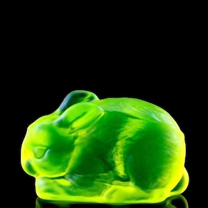 Op de afbeelding: Een felgroen gummy konijn snoepje tegen een zwarte achtergrond. Het snoepje heeft een glanzende, doorschijnende uitstraling, met gele accenten. Het konijn zit in een rustpositie, met de oren teruggevouwen.