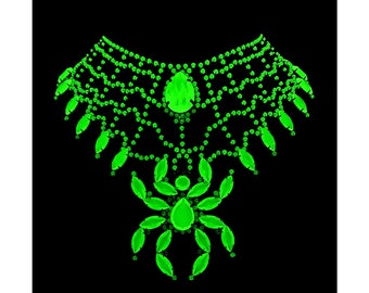 May include: A green rhinestone necklace with a large, teardrop-shaped rhinestone in the center. The necklace is made of smaller rhinestones arranged in a geometric pattern.