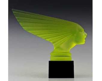 French Art Deco Sculpture 1930' H.Hoffmann ' Victoire ' Hood Ornament • Uranium Glass Figurine