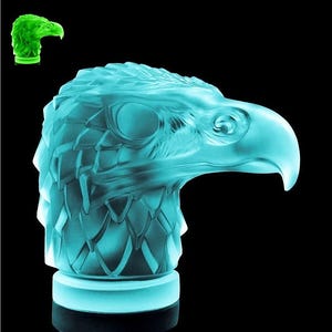 Art Deco Blue Uranium Glass Bird Figurine: H.Hoffmann Eagle Head Automobilia