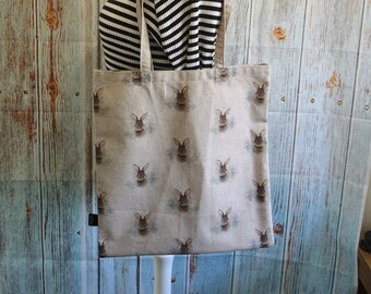Rabbit Print Tote Bag: Handmade Cream Cotton Reusable Shopping Bag