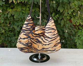 Hobo Style Handbag in Tiger Print Faux Fur with Black Cotton Lining