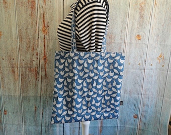 Shopping Bag, Reusable Tote Bag in a Blue Cotton with Chicken Print