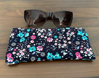 Glasses Case – Navy Cotton with Bright Pink and Blue Flowers Print