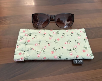 Glasses Case – Light Green Cotton with Pink Flowers Print