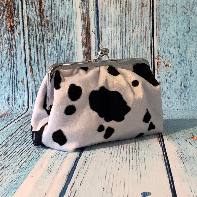 Clutch Purse in Soft Cow Print Faux Fur with Silver Metal Frame image 1