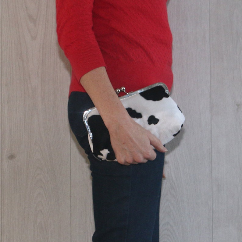 Clutch Purse in Soft Cow Print Faux Fur with Silver Metal Frame image 6