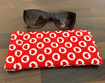 Soft Padded Glasses Case - Red Hearts Cotton Print, Flex Frame Opening
