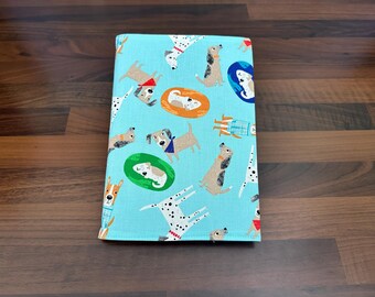 A5 Notebook with Reusable Fabric Cover – Blue with Puppy Dogs Printed Cotton Fabric