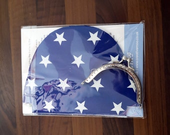 Coin Purse Sewing Kit in Blue with White Stars Print Fabric with Silver Frame - Ideal Stocking Filler