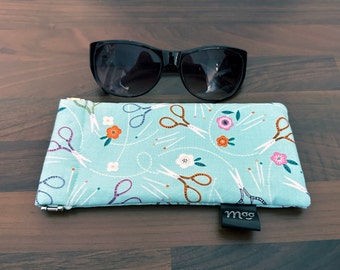 Glasses Case – Light Blue/Green Cotton with Sewing Scissors Print Cotton