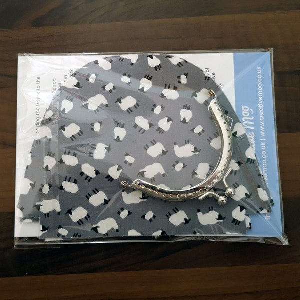 Coin Purse Sewing Kit in Sheep Print fabric with Silver Frame - Ideal Stocking Filler