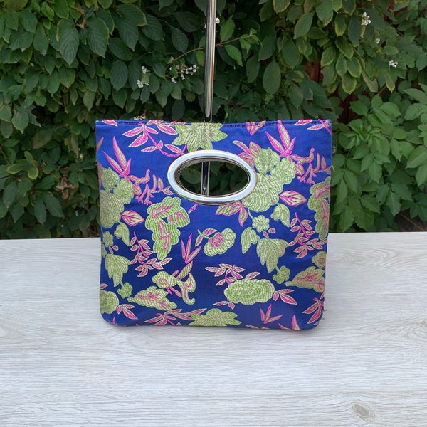 Clutch Purse in Navy Satin Brocade with Oriental Green and Pink Floral Design with Silver Metal Handles