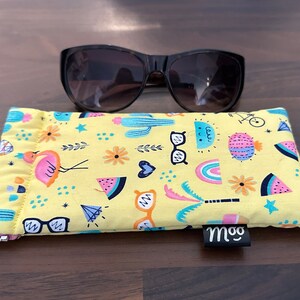 Soft Padded Glasses Case - Yellow Cotton with Sunshine Holiday Vibe Print, Flex Frame Opening