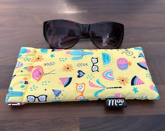 Soft Padded Glasses Case - Yellow Cotton with Sunshine Holiday Vibe Print, Flex Frame Opening