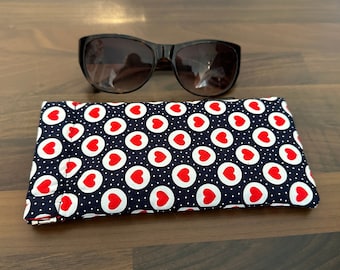 Soft Padded Glasses Case - Navy with Red Hearts Cotton Print, Flex Frame Opening
