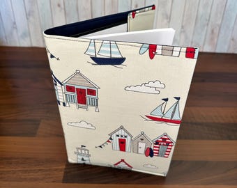 Handmade A5 Notebook: Reusable Cream Cotton Cover, Beach Hut Print