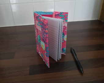 A6 Notebook with Reusable Fabric Cover – Bright Pink with Abstract Pattern Print Cotton Fabric