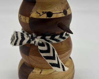 Hand Turned Wooden Snowman Decor – 8" Hardwood Winter Figurine, Mixed Wood Christmas Shelf Decoration